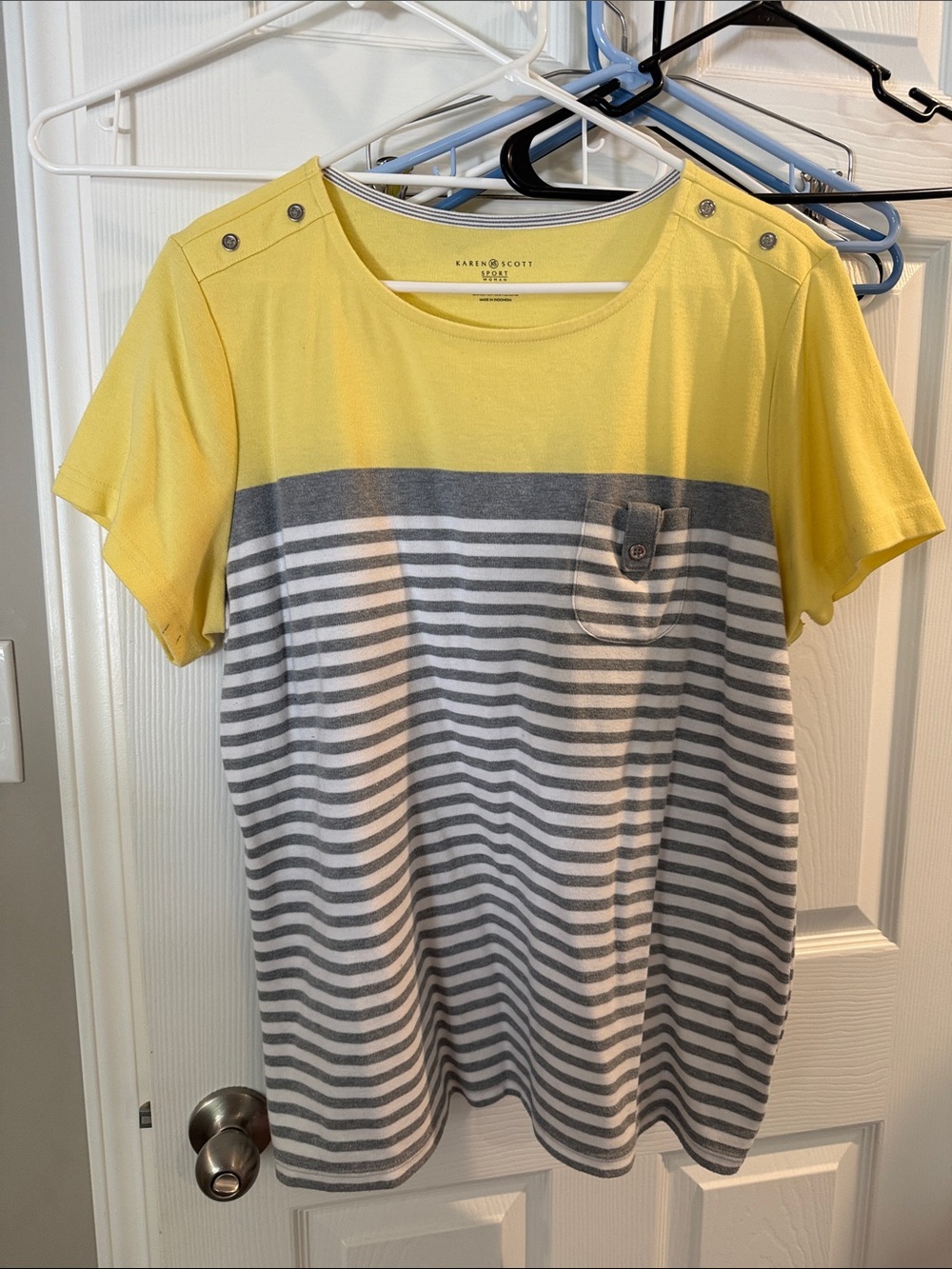 Karen Scott Yellow & Gray Striped Short Sleeve Top